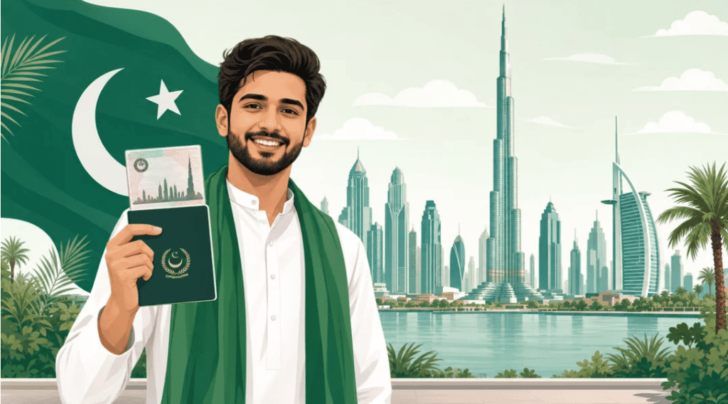 Dubai 5-year visa for Pakistanis 2026 - traveller with passport and Dubai skyline